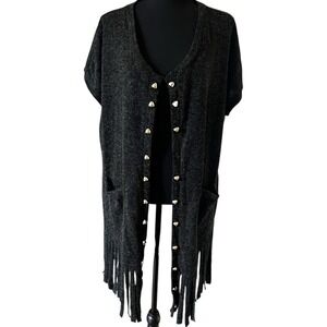 Panitti‎ Gray Wool Blend Fringe Cardigan Vest Gold Heart Buttons NWT Medium